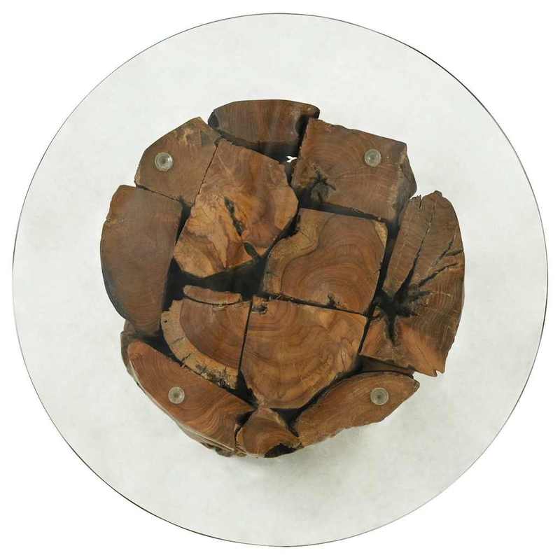 Stolik z drewnianą podstawą i szklanym blatem o rzeźbiarskiej formie