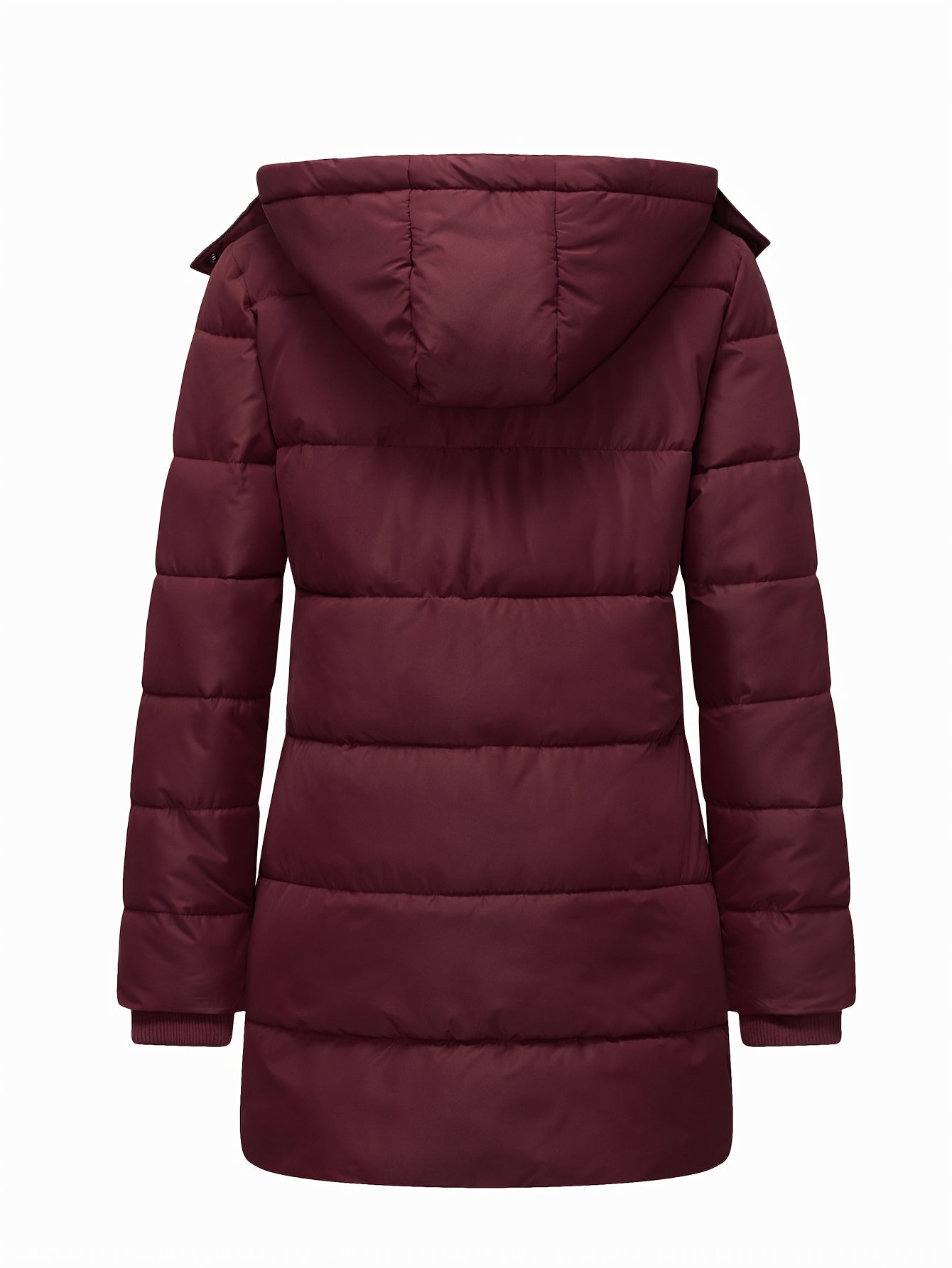 Płaszcz damski pikowany z panelem zapinanym na napy i szerokim kapturem