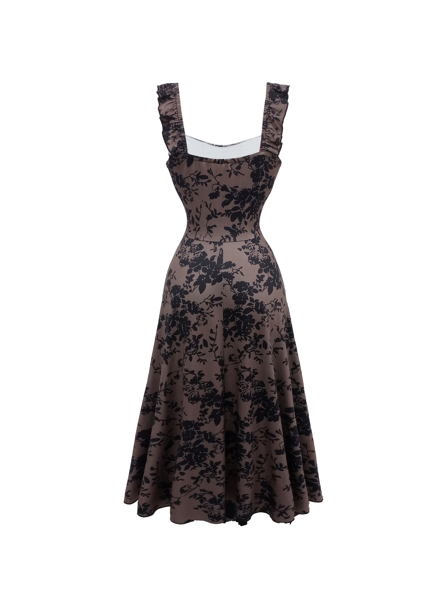 Sukienka damska midi z marszczonymi ramiączkami i wzorem roślinnym