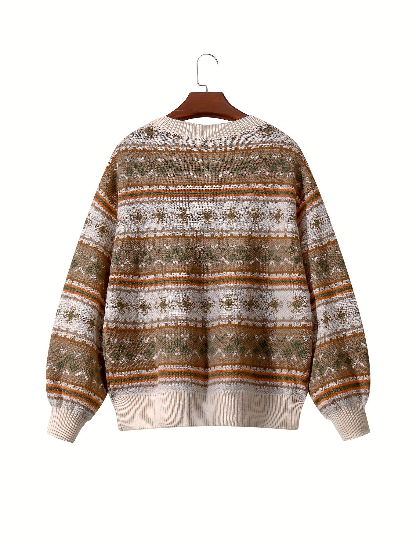 Sweter damski z okrągłym dekoltem z poziomymi pasami wzorów i równomiernym splotem