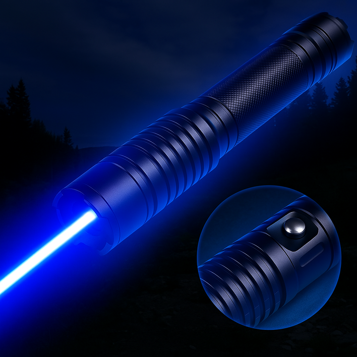 Latarka Laserowa z Niebieską Wiązką | Wysokowydajna Moc Optyczna 450nm | Zasięg Taktyczny ponad 5000m | Aluminiowa Latarka z Regulowaną Ogniskową | Latarka Zdolna do Zapłonu Termicznego