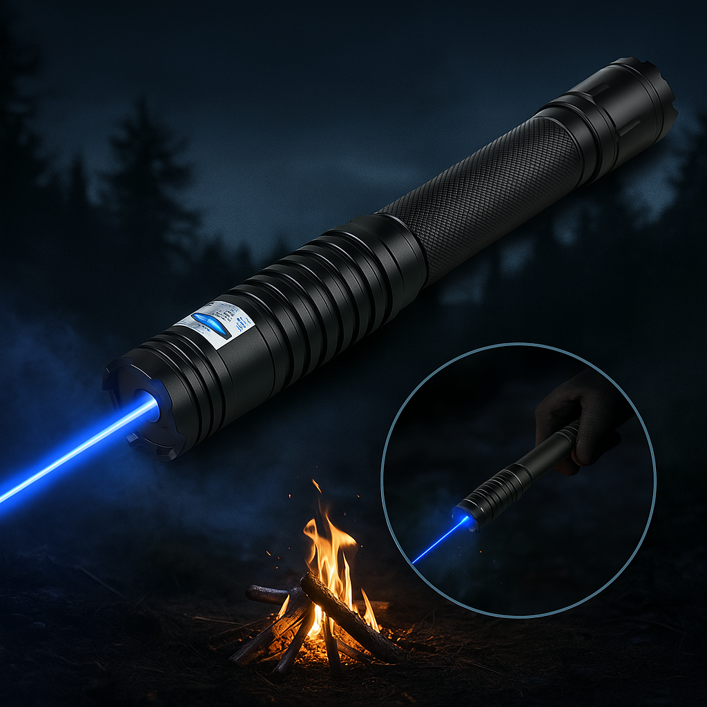 Latarka Laserowa z Niebieską Wiązką | Wysokowydajna Moc Optyczna 450nm | Zasięg Taktyczny ponad 5000m | Aluminiowa Latarka z Regulowaną Ogniskową | Latarka Zdolna do Zapłonu Termicznego