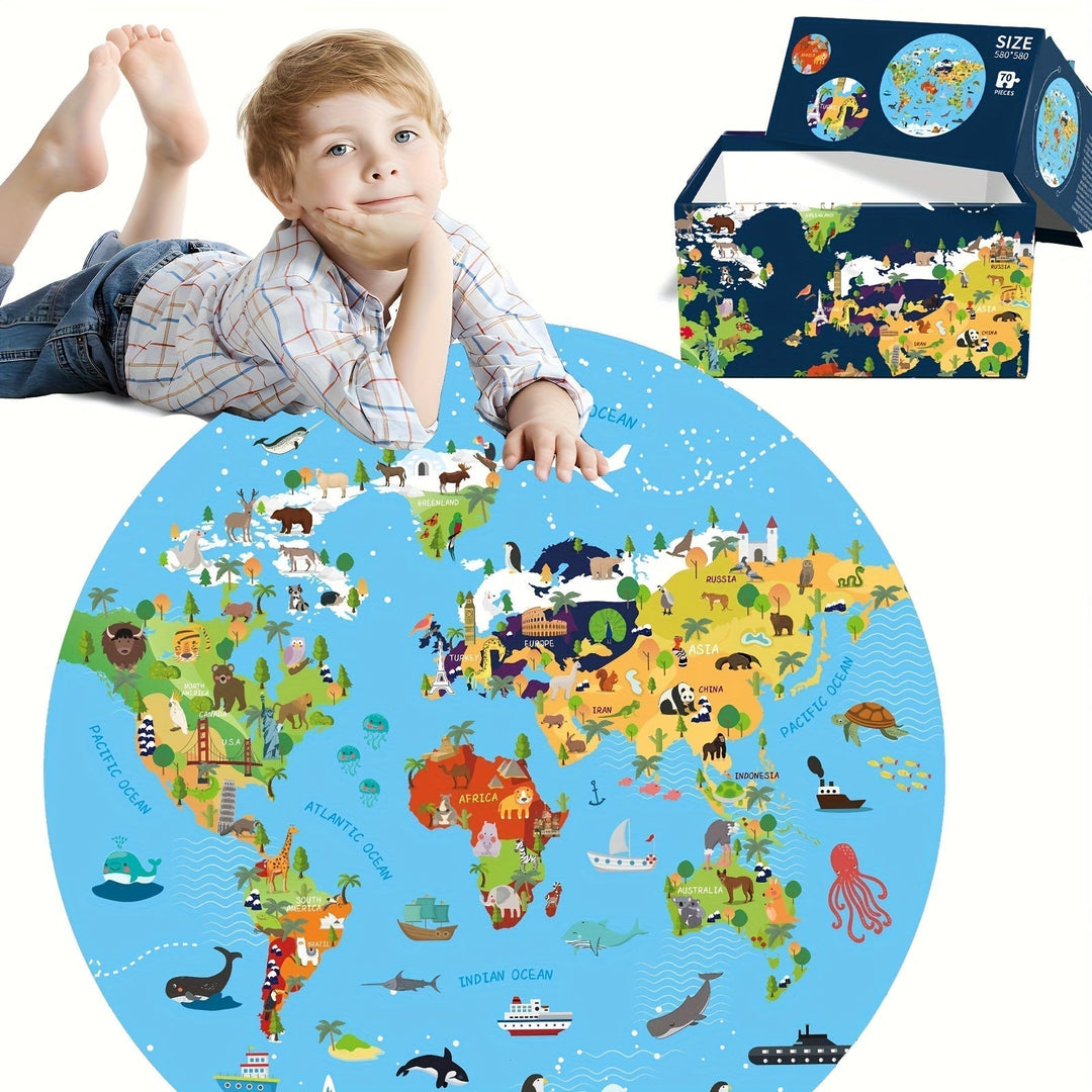 Puzzle Podłogowe 70 Elementów – Okrągła Mapa Świata dla Dzieci