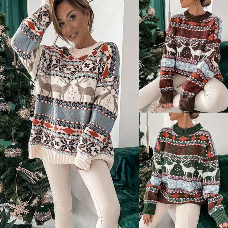 Damski sweter świąteczny z wzorem żakardowym i okrągłym dekoltem, luźny