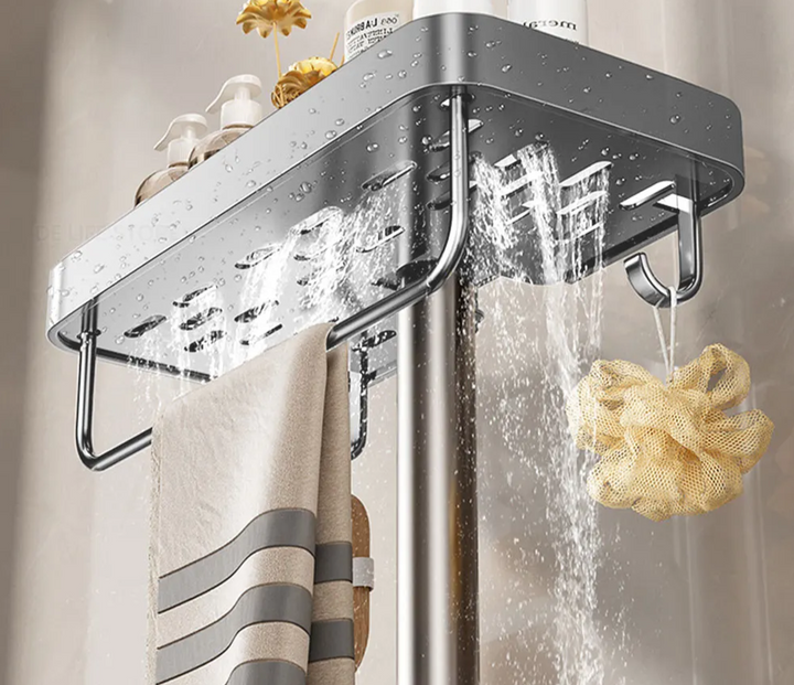 AquaFix półka prysznicowa bez wiercenia – podwójna półka aluminiowa | Z drążkiem na ręczniki | Nierdzewna &amp; oszczędzająca miejsce
