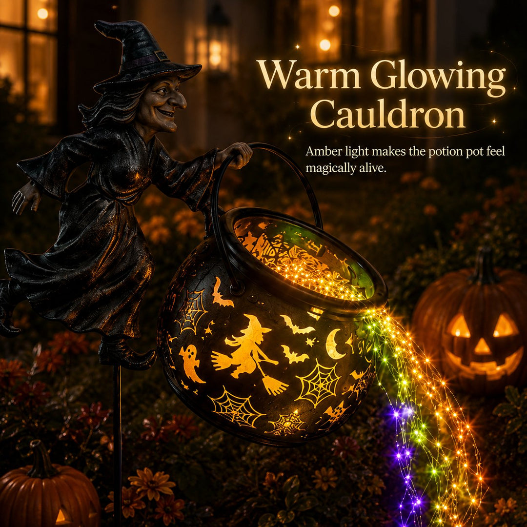 Halloweenowa lampa ogrodowa w kształcie kotła czarownicy z kolorową poświatą i przerażającymi projekcjami