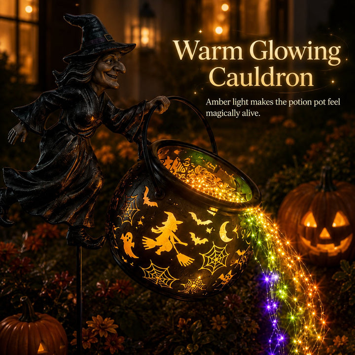 Halloweenowa lampa ogrodowa w kształcie kotła czarownicy z kolorową poświatą i przerażającymi projekcjami