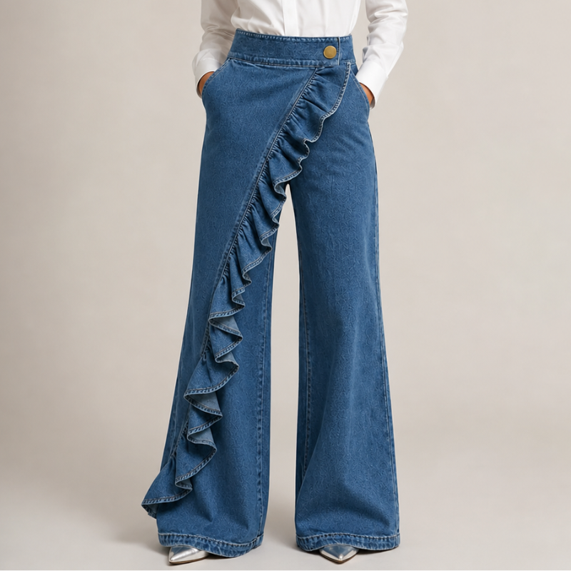 Szerokie damskie jeansy z asymetryczną falbaną w stylu culotte.