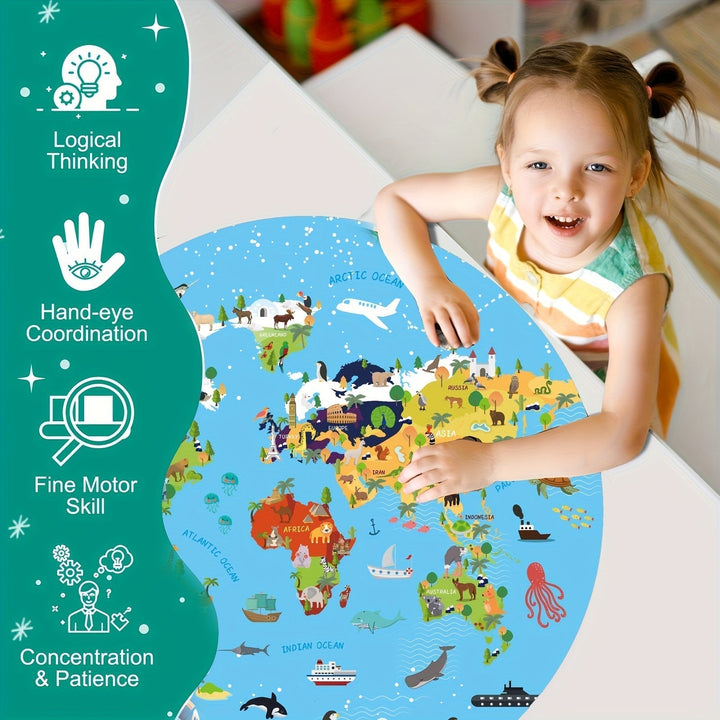Puzzle Podłogowe 70 Elementów – Okrągła Mapa Świata dla Dzieci