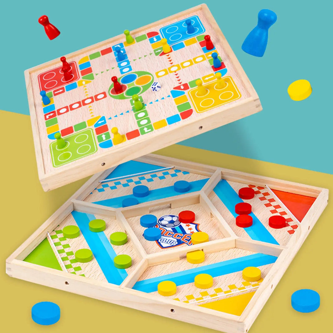 2-W-1 Drewniana Gra Planszowa Double Fun Games - Chińskie Warcaby i Aeroplane Chess