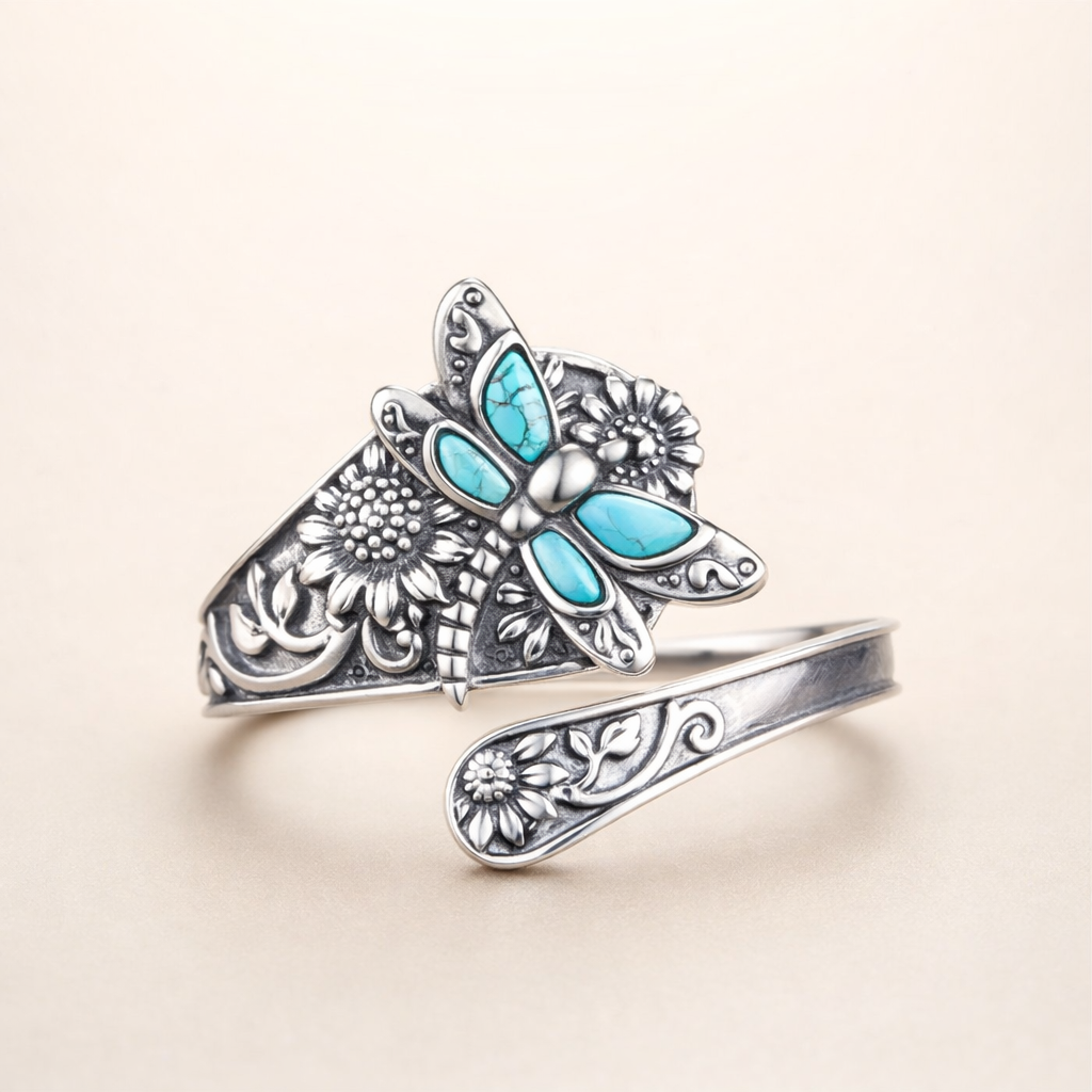 Pierścionek z turkusem ze srebra sterling – wrap vintage boho z ważką