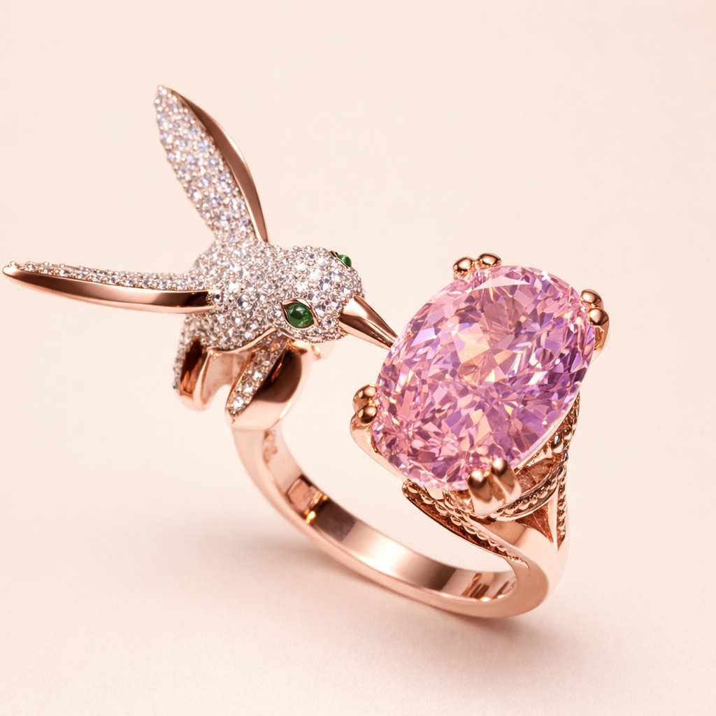 Regulowany pierścionek Hummingbird z kamieniem szlachetnym – cyrkonia, pozłacany 14K