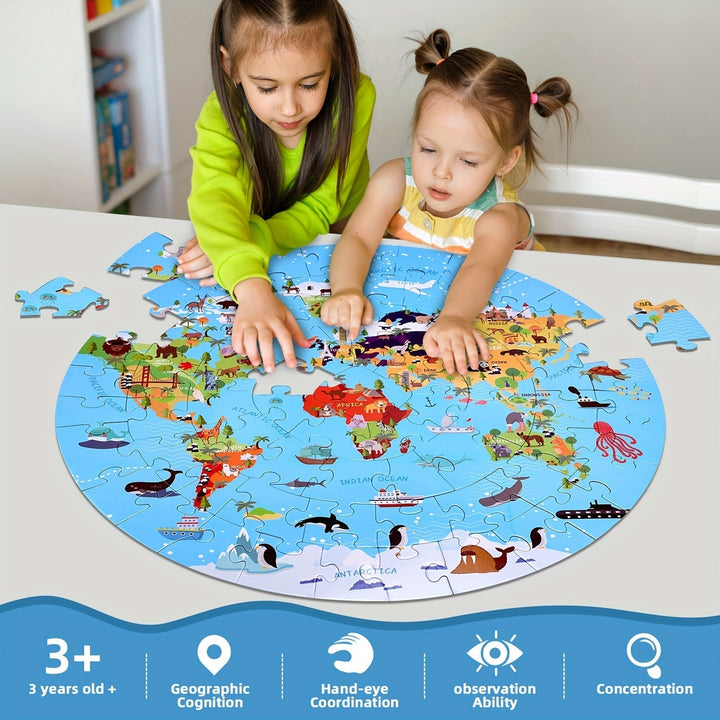 Puzzle Podłogowe 70 Elementów – Okrągła Mapa Świata dla Dzieci