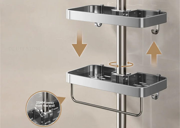 AquaFix półka prysznicowa bez wiercenia – podwójna półka aluminiowa | Z drążkiem na ręczniki | Nierdzewna &amp; oszczędzająca miejsce