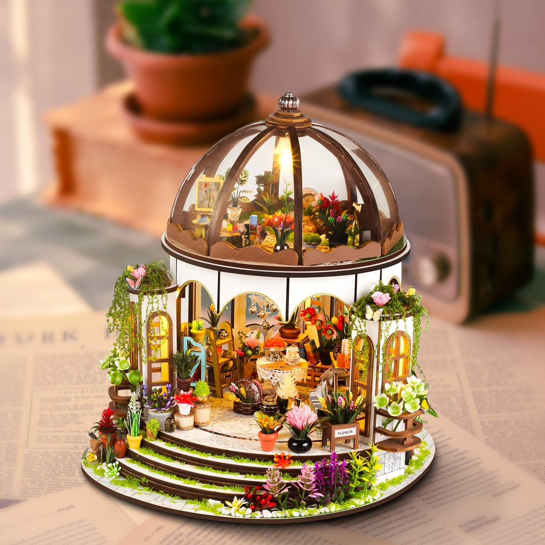 Miniaturowy domek z kwiatów – drewniane puzzle 3D z podświetleniem LED i szczegółowym ogrodem