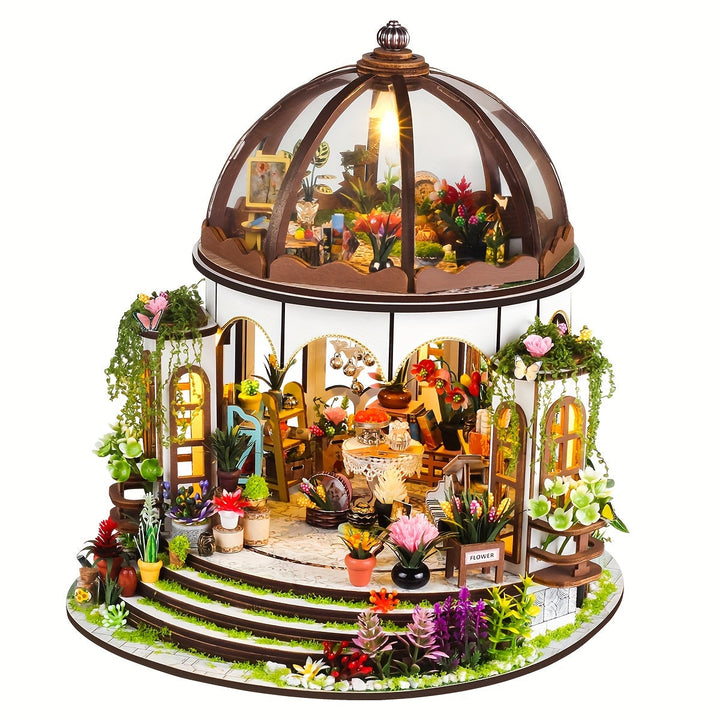 Miniaturowy domek z kwiatów – drewniane puzzle 3D z podświetleniem LED i szczegółowym ogrodem
