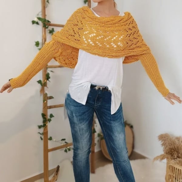 Szal z podwójnymi rękawami - przytulny dzianinowy szal z wbudowanymi rękawami