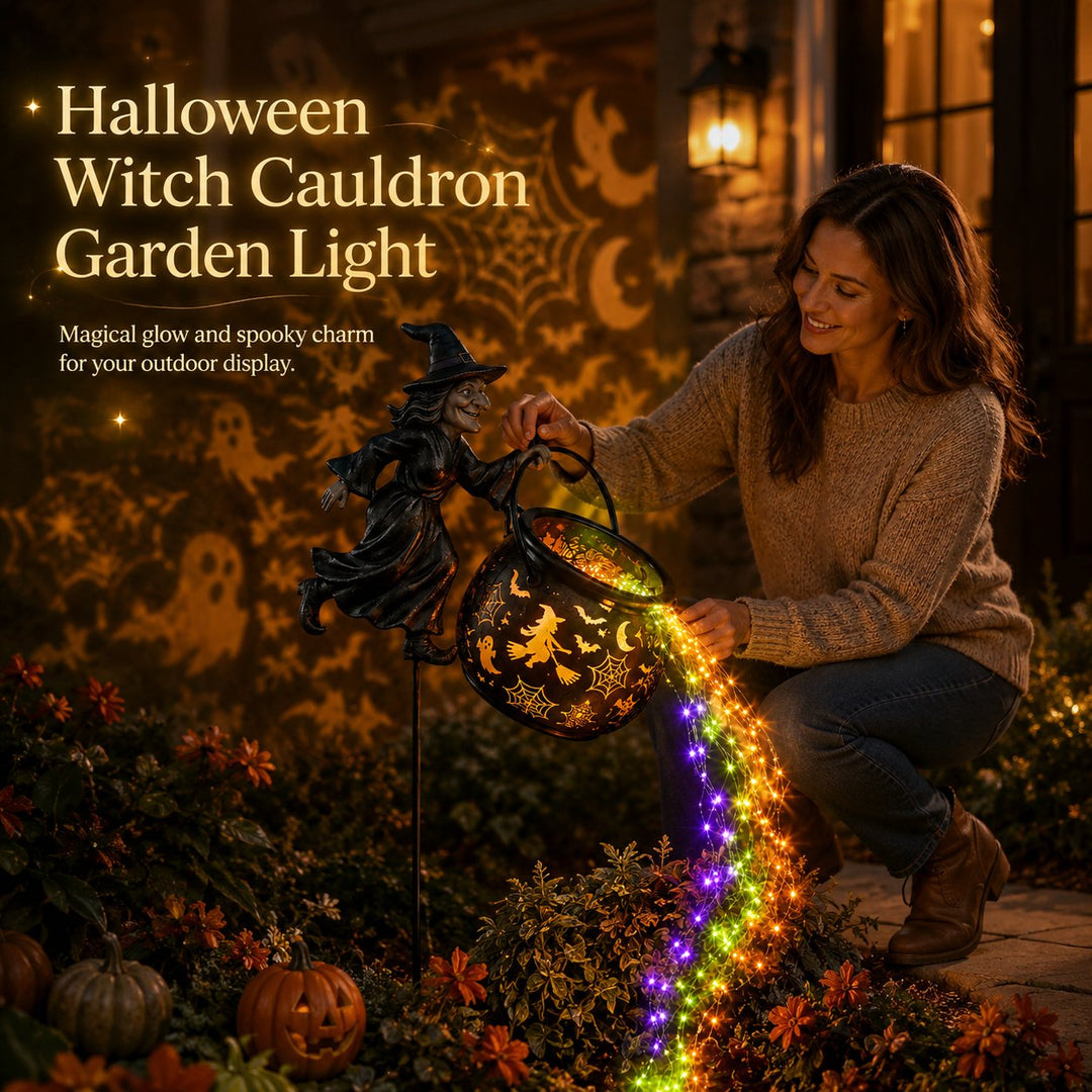 Halloweenowa lampa ogrodowa w kształcie kotła czarownicy z kolorową poświatą i przerażającymi projekcjami
