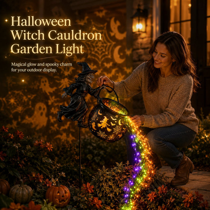 Halloweenowa lampa ogrodowa w kształcie kotła czarownicy z kolorową poświatą i przerażającymi projekcjami