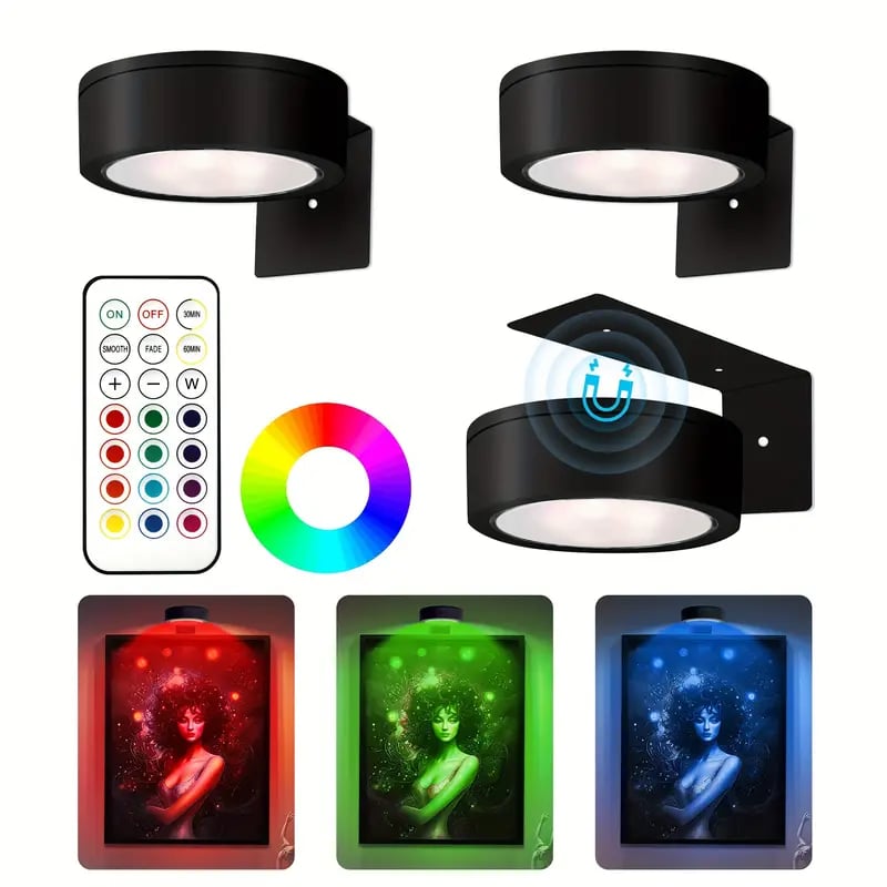 Regulowana magnetyczna lampka do obrazów | LED z dotykiem i pilotem, RGB/biała, USB