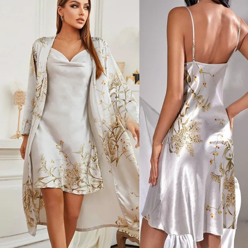 Dwuczęściowa satynowa koszula nocna i kimono z kwiatowym nadrukiem – Noelle