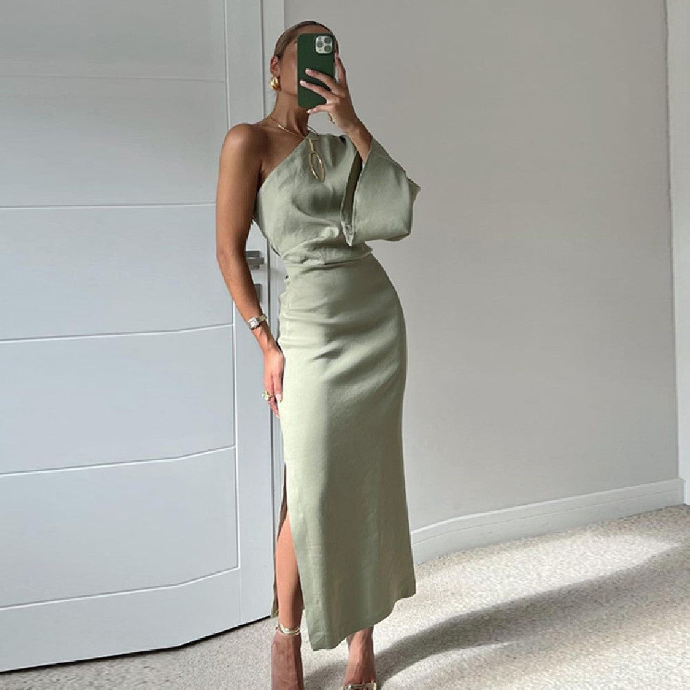 Oblique One-shoulder Silk Twill Texture Slim Dress