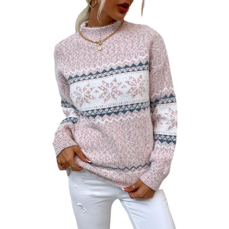 Damski dzianinowy sweter świąteczny z płatkami śniegu i półgolfem