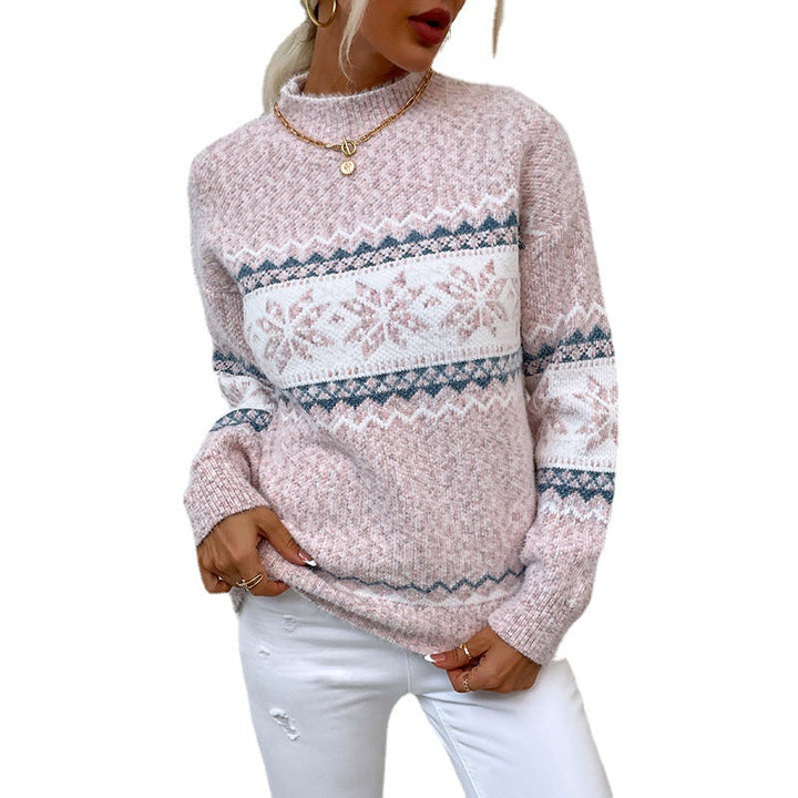 Damski dzianinowy sweter świąteczny z płatkami śniegu i półgolfem