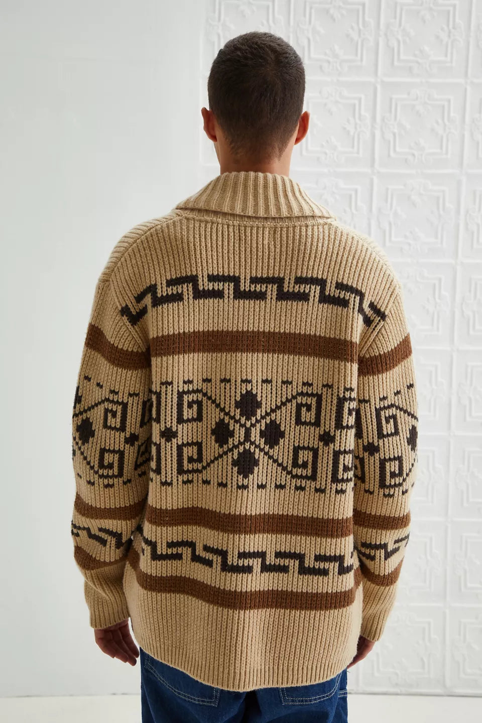 Vintage'owy kardigan męski z dzianiny w wzór żakardowy z zamkiem - Ponadczasowy styl spotyka nowoczesny komfort