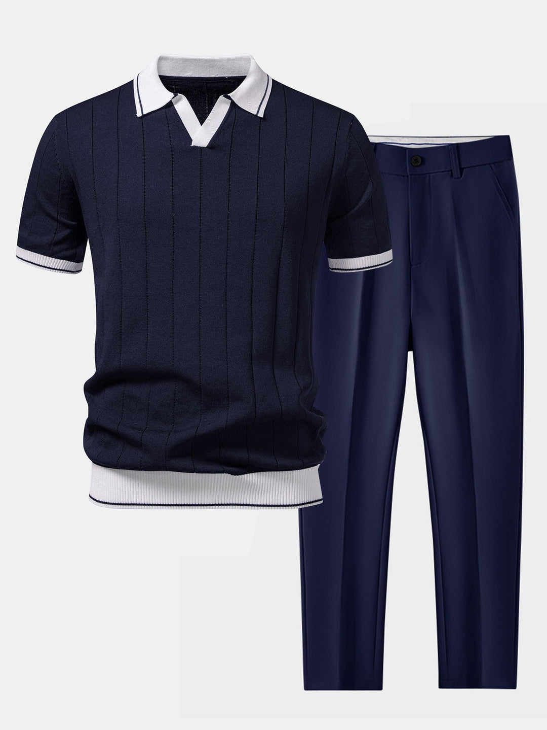 Męska polówka w prążki i zwężane spodnie – komplet smart casual