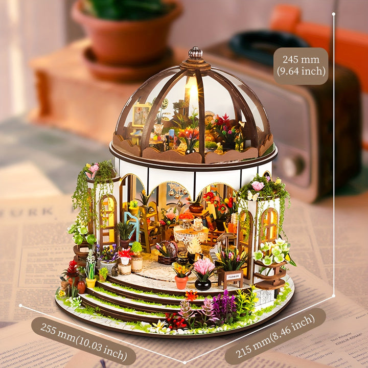 Miniaturowy domek z kwiatów – drewniane puzzle 3D z podświetleniem LED i szczegółowym ogrodem