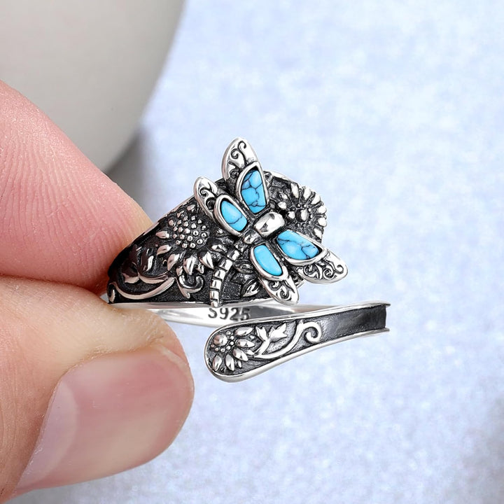 Pierścionek z turkusem ze srebra sterling – wrap vintage boho z ważką