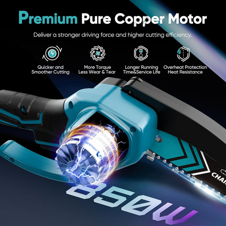 Akumulatorowa mini piła łańcuchowa 6 cali ze światłem LED i baterią 21V – TimberCut