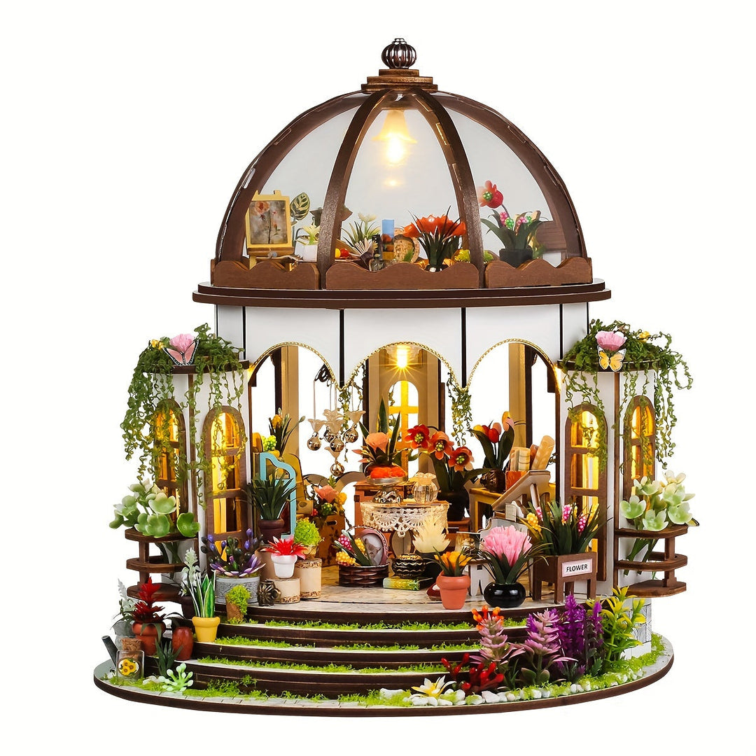 Miniaturowy domek z kwiatów – drewniane puzzle 3D z podświetleniem LED i szczegółowym ogrodem