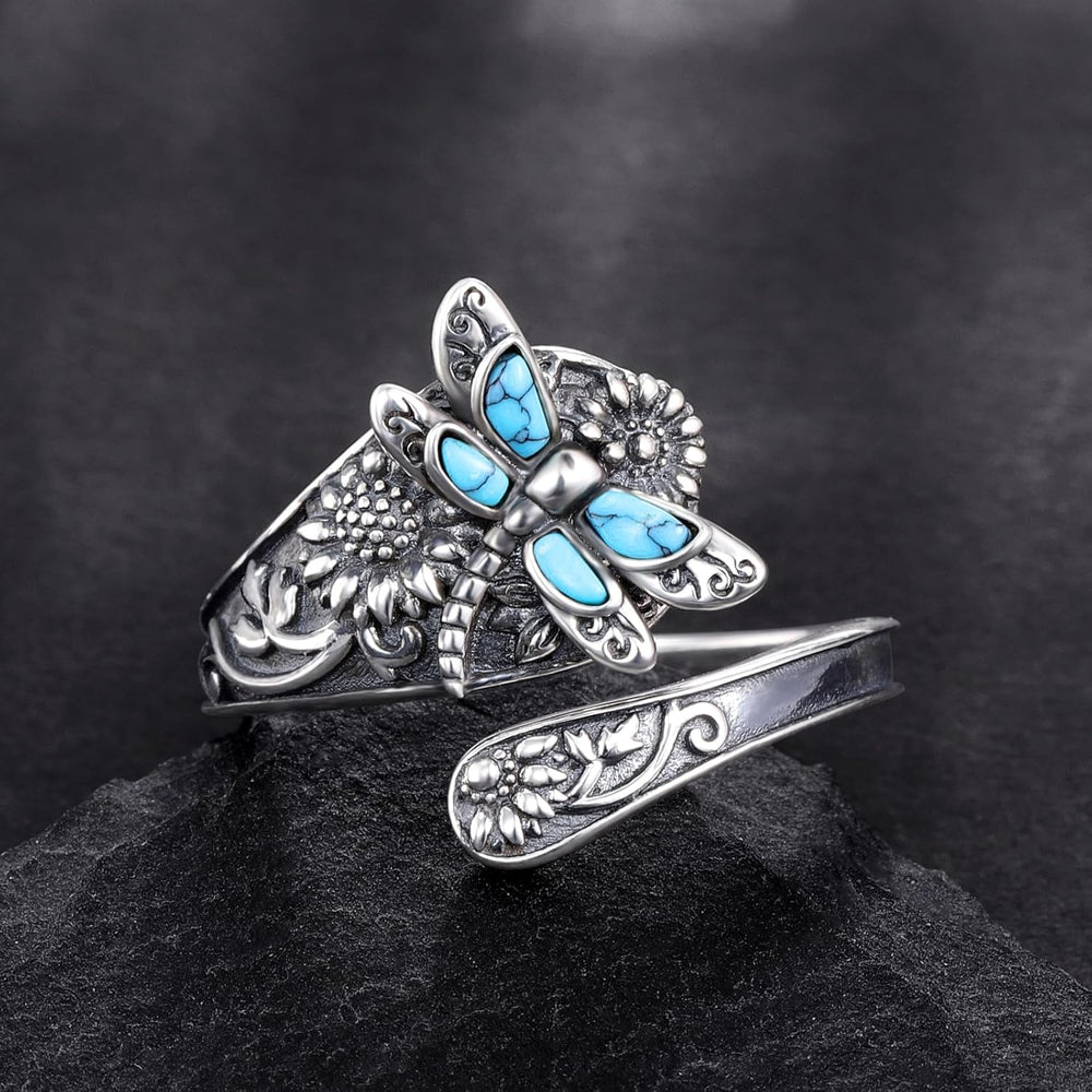 Pierścionek z turkusem ze srebra sterling – wrap vintage boho z ważką
