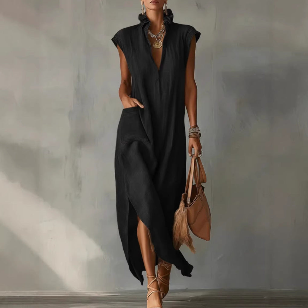 Women's Cotton-Linen Sleeveless Solid-Color Dress