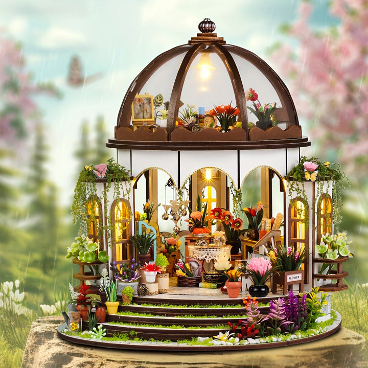 Miniaturowy domek z kwiatów – drewniane puzzle 3D z podświetleniem LED i szczegółowym ogrodem