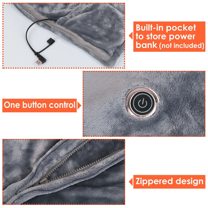 Przenośny koc USB z zamkiem i kieszonką na powerbank, 3 poziomy