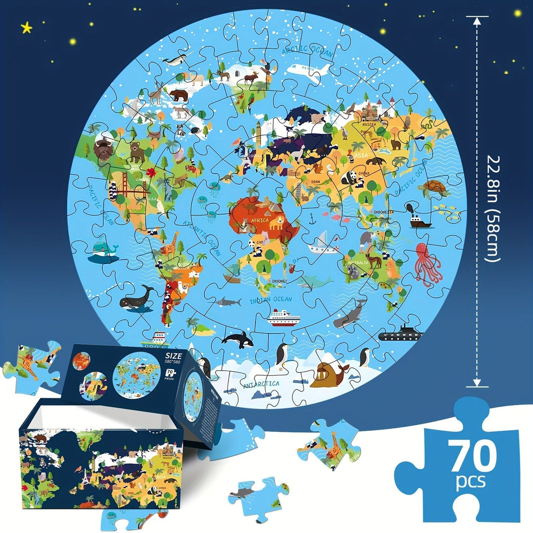 Puzzle Podłogowe 70 Elementów – Okrągła Mapa Świata dla Dzieci
