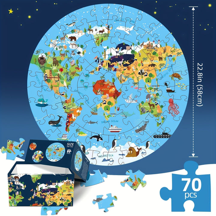 Puzzle Podłogowe 70 Elementów – Okrągła Mapa Świata dla Dzieci