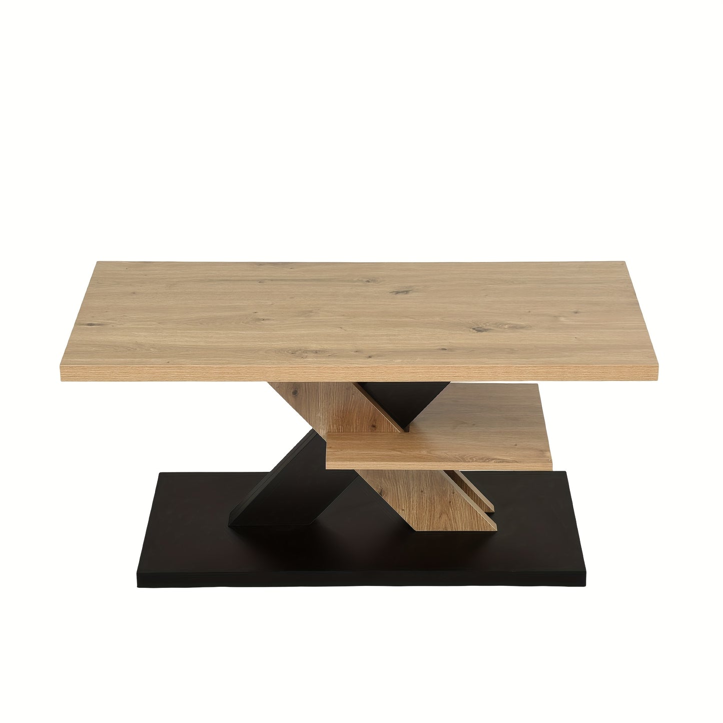 Stolik kawowy z podstawą w kształcie litery X i półką