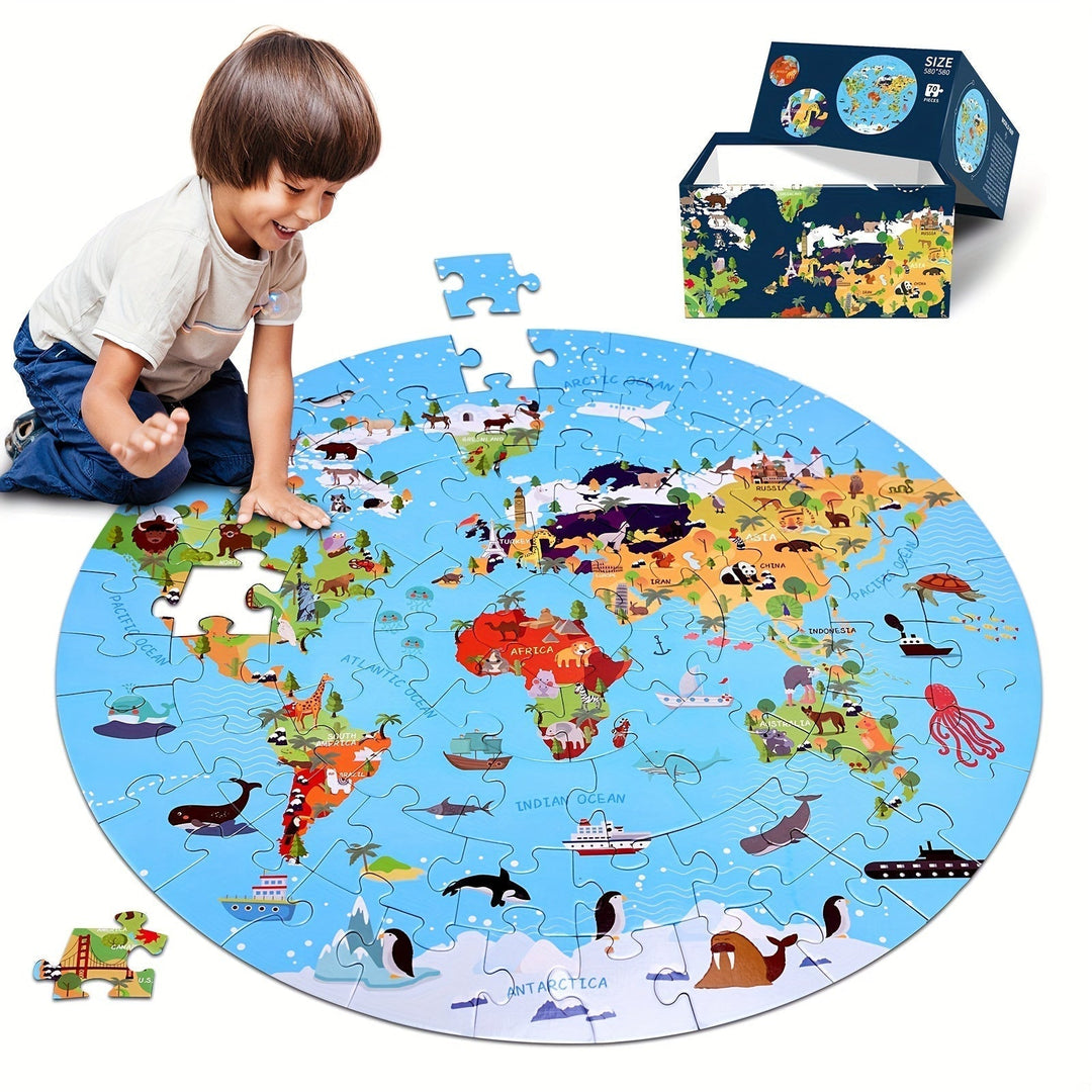 Puzzle Podłogowe 70 Elementów – Okrągła Mapa Świata dla Dzieci