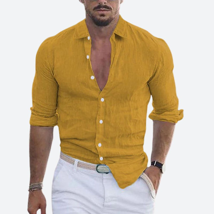 Męska lniana koszula slim fit z otwartym kołnierzem, letnia koszula zapinana na guziki