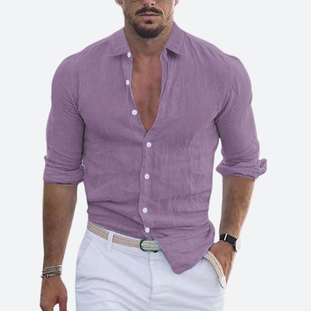 Męska lniana koszula slim fit z otwartym kołnierzem, letnia koszula zapinana na guziki