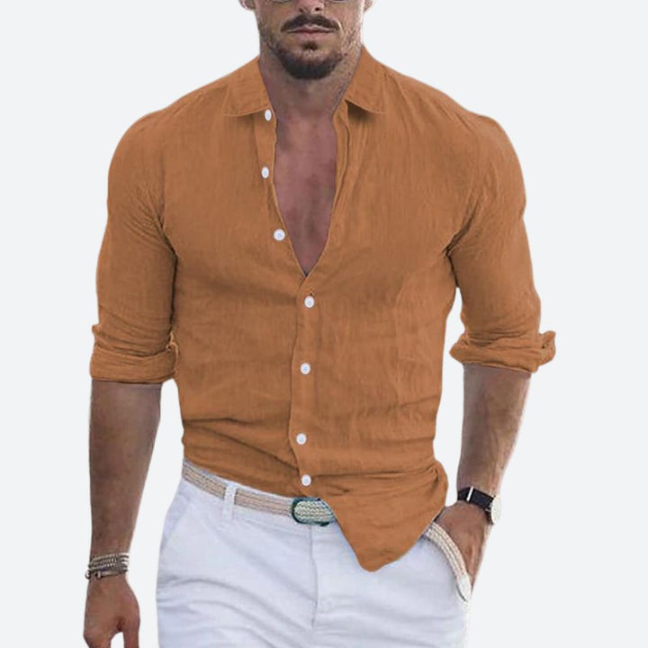 Męska lniana koszula slim fit z otwartym kołnierzem, letnia koszula zapinana na guziki