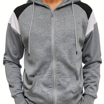 Bluza męska z kapturem z kontrastowymi wstawkami zamkiem i kieszenią kangurką
