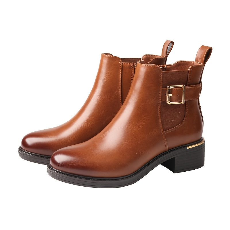 Botki damskie z elastycznymi wstawkami paskiem z klamrą i niskim obcasem