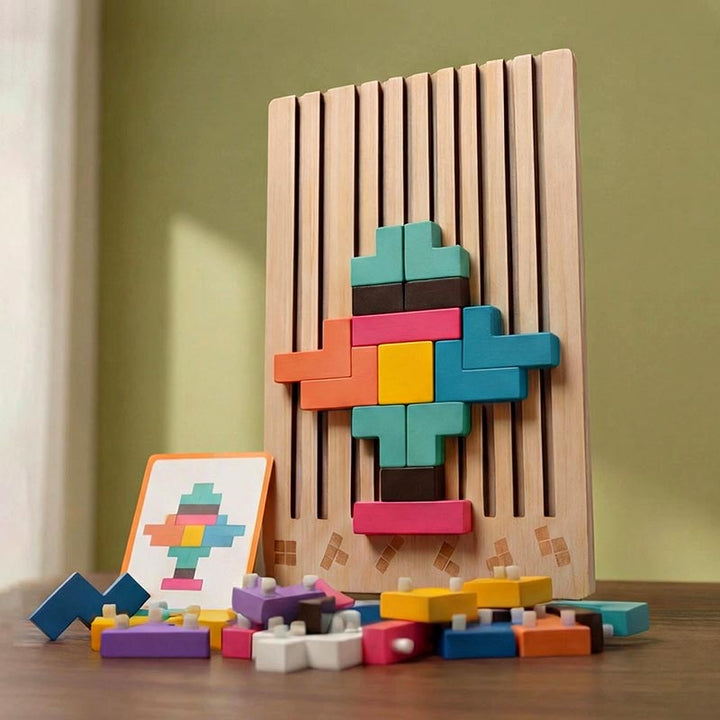 Drewniane puzzle układanka Tetris Montessori – zabawka edukacyjna