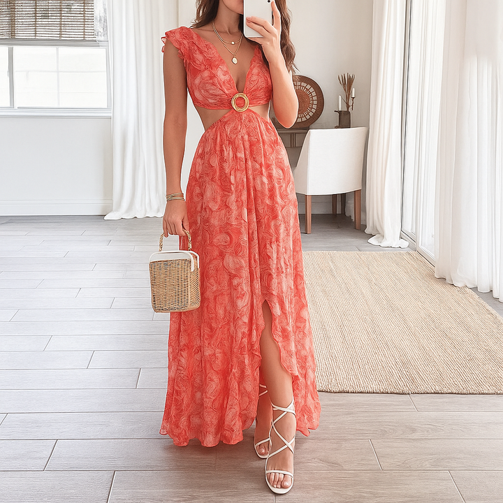 Kwiatowy Print V-Neck Maxi Dress