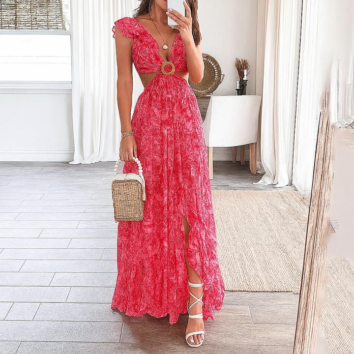 Kwiatowy Print V-Neck Maxi Dress